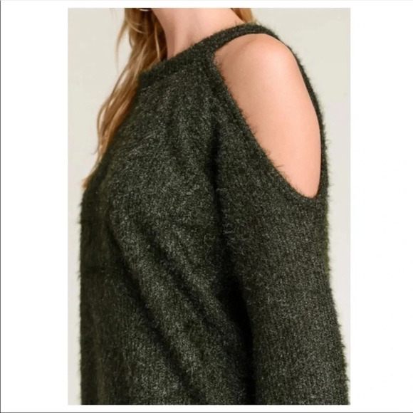 Olive Green Cold Shoulder Sweater | Cozy Fall Knit Pullover Top - Picture 5 of 7
